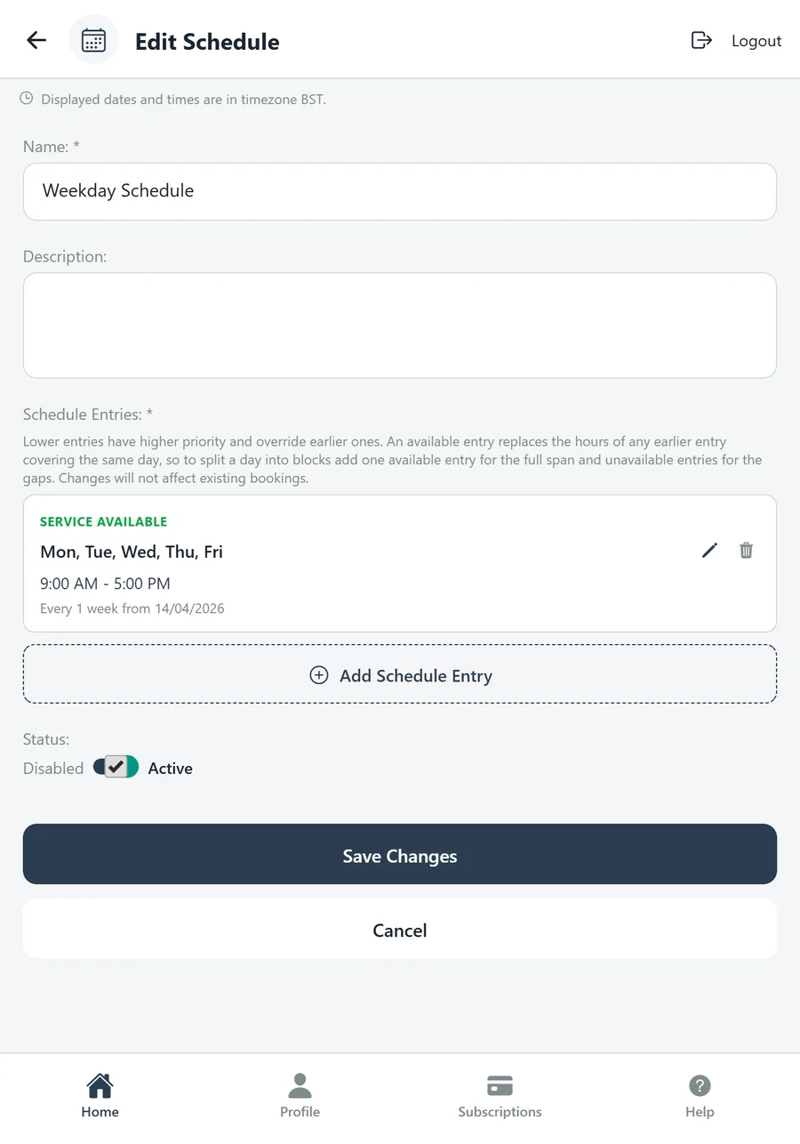 Edit Schedule with one entry: Monday to Friday, 9 to 5, every week