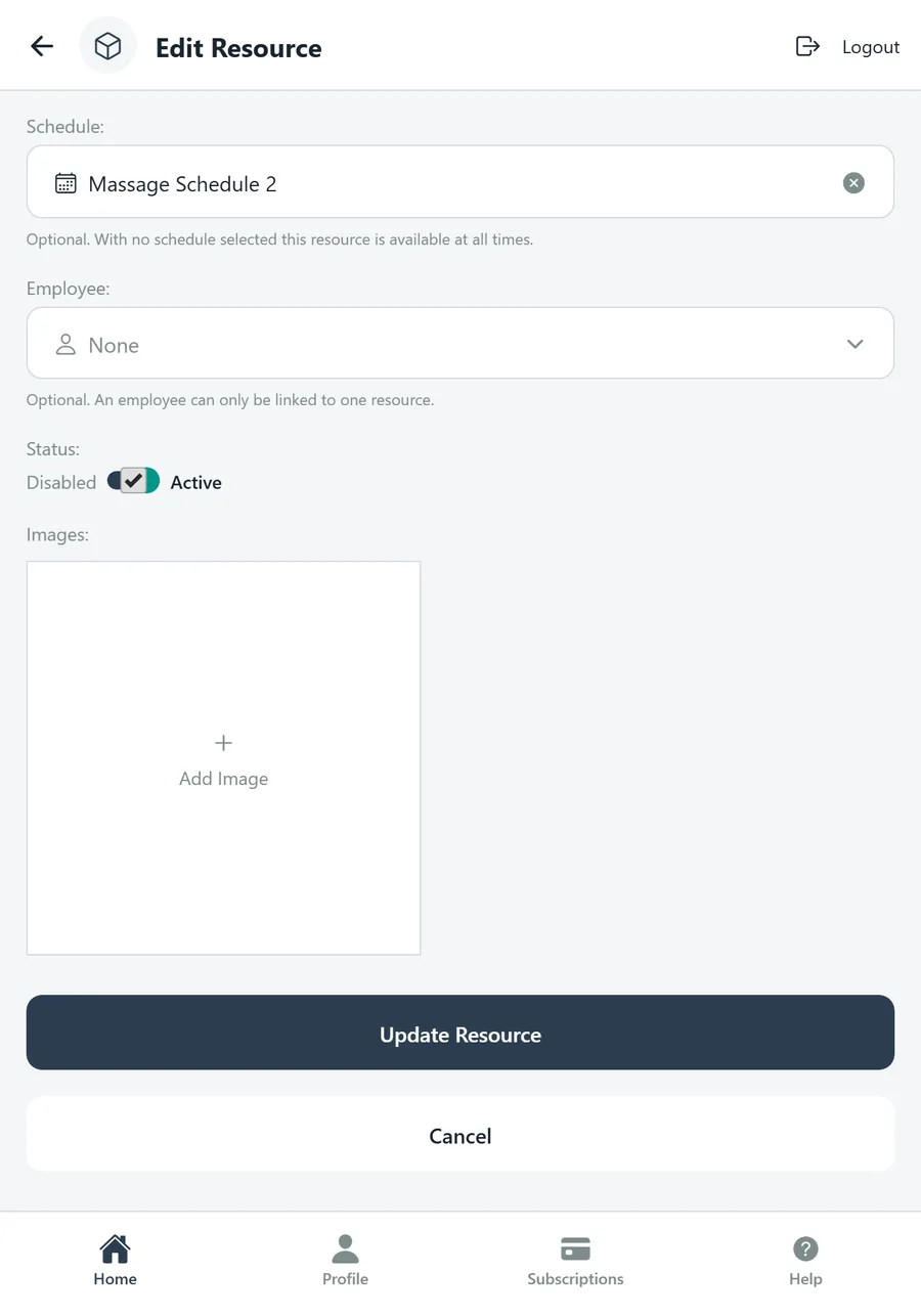 Edit Resource scrolled to schedule, employee, status and images