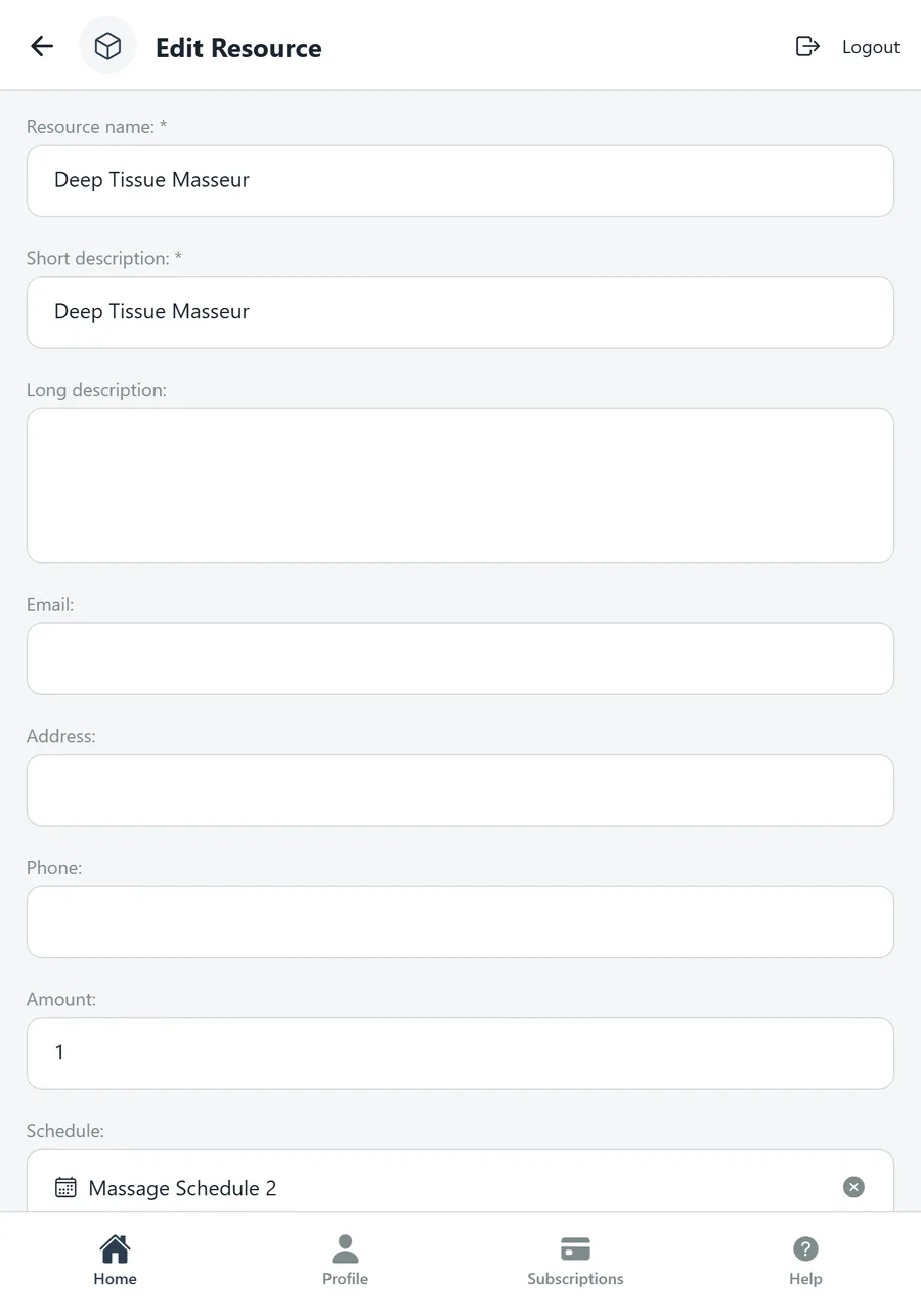 Edit Resource form: name, descriptions, contact details, amount and schedule