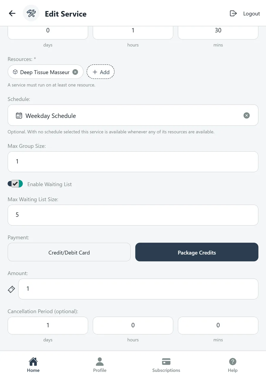 Edit Service: schedule, max group size, waiting list, payment type, credits and cancellation period