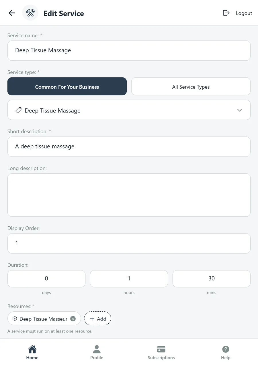 Edit Service: name, service type, descriptions, display order, duration and resources