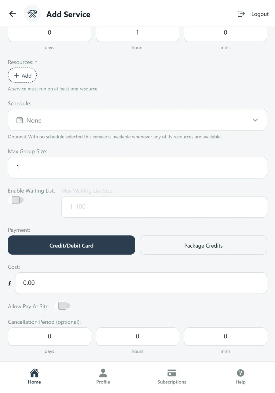Add Service with Credit/Debit Card payment selected, showing Cost and Allow Pay At Site