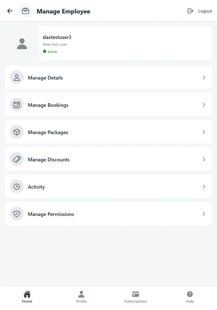 Manage Employee menu: Manage Details, Bookings, Packages, Discounts, Activity, Permissions