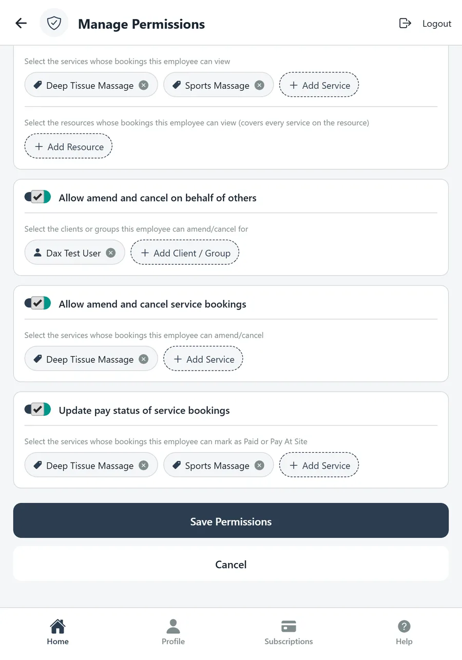 Manage Permissions: amend and cancel, and pay status permissions
