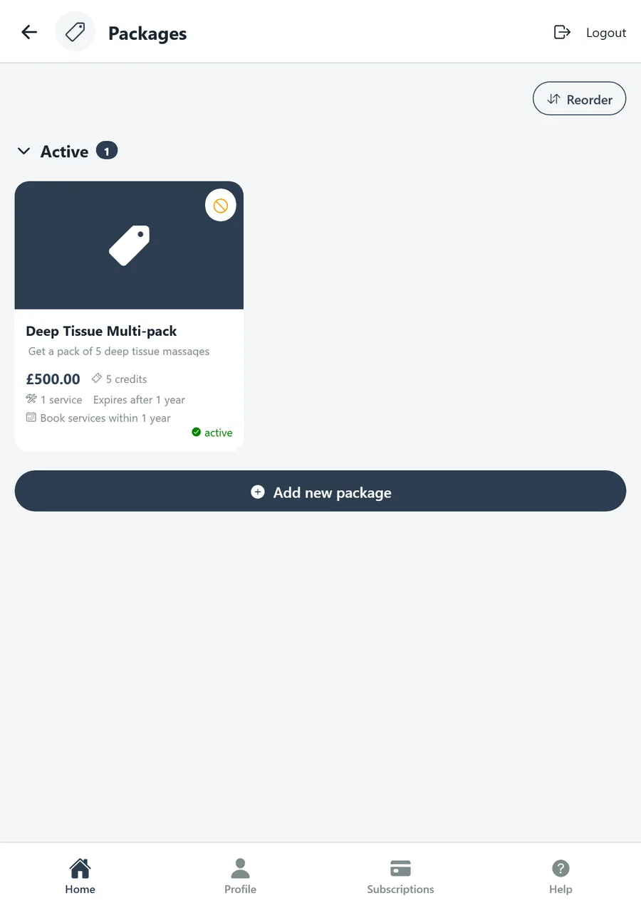 Packages list with one active package