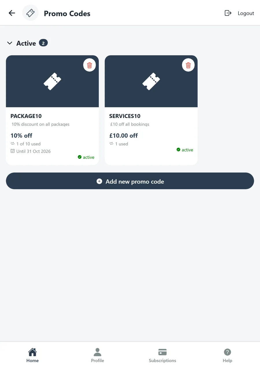 Promo Codes list with PACKAGE10 and SERVICES10
