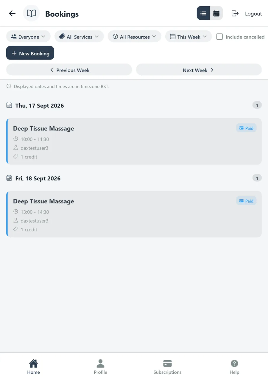 Bookings list view with filters and two bookings this week