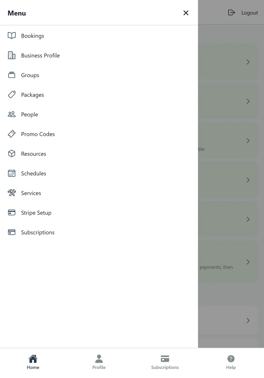 The slide-out menu listing every business page