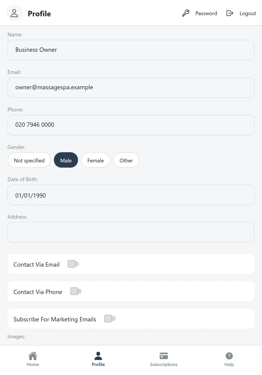 Profile screen with name, email, phone, gender, date of birth and contact preferences