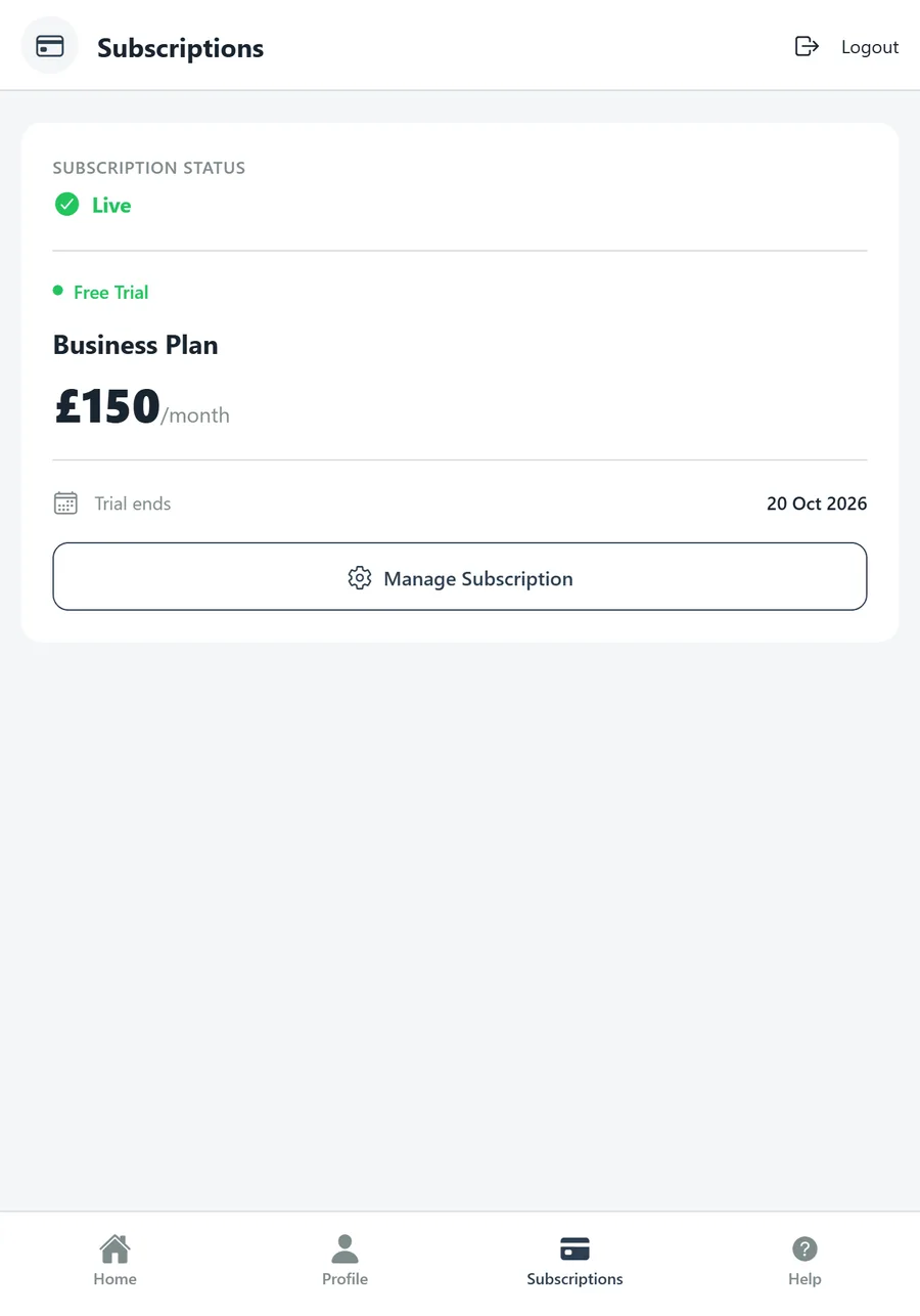 Subscriptions screen: status Live, Free Trial, Business Plan at £150 a month, trial end date and Manage Subscription